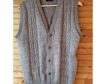 70s VTG Sweater Vest Cable Knit Gray, Buttons Pine State Grandpa Academia Large