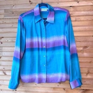 Vintage 90er Jahre Patchington Bluse aus Seide, blau-lila, Schulterpolster, Größe Medium Petite, Blanche