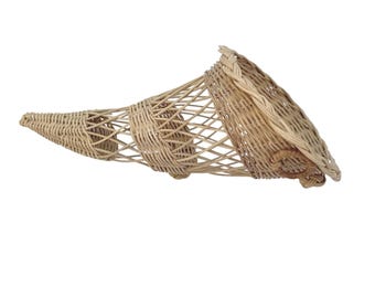 Panier vintage années 60 en osier beige avec boucle de suspension, 35,5 cm, idéal pour Thanksgiving et l'automne.