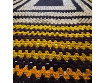 VTG 70s Crocheted Afghan Handmade Brown Orange Yellow Band Van Basement Throw