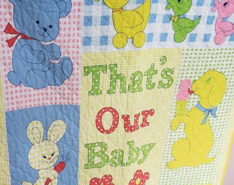 Vintage 80s "That's Our Baby" Quilt - Primary Colours Nursery Blanket with Animals, Bears, and Trains - Cottagecore Baby Decor