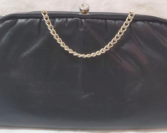 Vintage Pottel & Sons Black Leather Clutch | 1950s Mid-Century Evening Bag | Made in Canada | Gold Hardware and Chain Strap