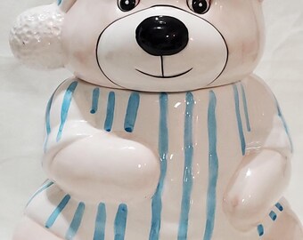 Vintage Ceramic Sleepy Teddy Bear Cookie Jar - Blue & White Striped Pyjamas and Nightcap - Retro Kitchen Decor