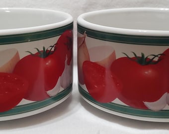 Vintage Hickory Farms Soup Mug Set of 2 - Tomato, Onion & Garlic Design - Mint Condition