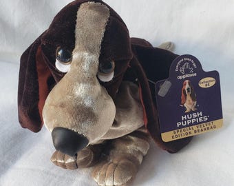 Seltener Vintage Velvet Hush Welpe Espresso Basset Hound Plüsch | Applause Limited Edition Kollektion #4| Brown & White Sitzsack Hund | 90er Jahre| Neu mit Etikett