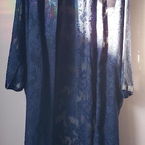 Può includere: Lungo abito blu navy con motivo floreale. L'abito è realizzato in un tessuto trasparente ed è appeso a un appendiabiti bianco. L'abito ha maniche lunghe e un design fluido.