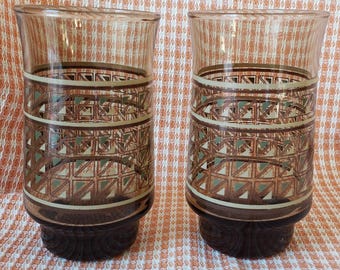 Vintage MCM Smoky Brown Geometric Glass Tumblers - Set of 2 - Tawny Brown Retro Barware