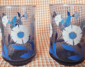 Vintage Libbey Blue Rauchglas Daisy Becher - 2er-Set - 1970er Jahre Retro Floral Trinkgläser