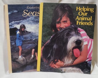 Vintage 1985 National Geographic Books for Young Explorers - Helping Our Animal Friends & Exploring the Seashore - MINT Condition
