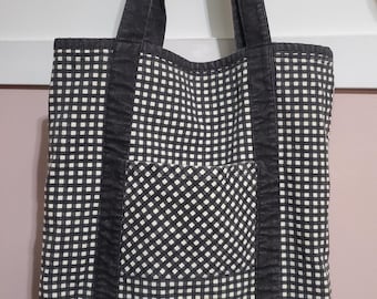 Handmade Black Denim Grid Tote Bag with Front Pocket