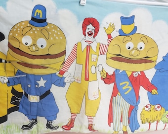 Vintage 1970s McDonald’s McDonaldland Pillowcase | Retro Character Fabric for Repurpose | Ronald McDonald, Hamburglar, Mayor McCheese|