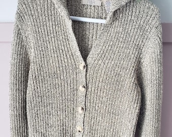 R&R Vintage Style Ribbed Knit Hooded Cardigan - Salt and Pepper - Size Medium