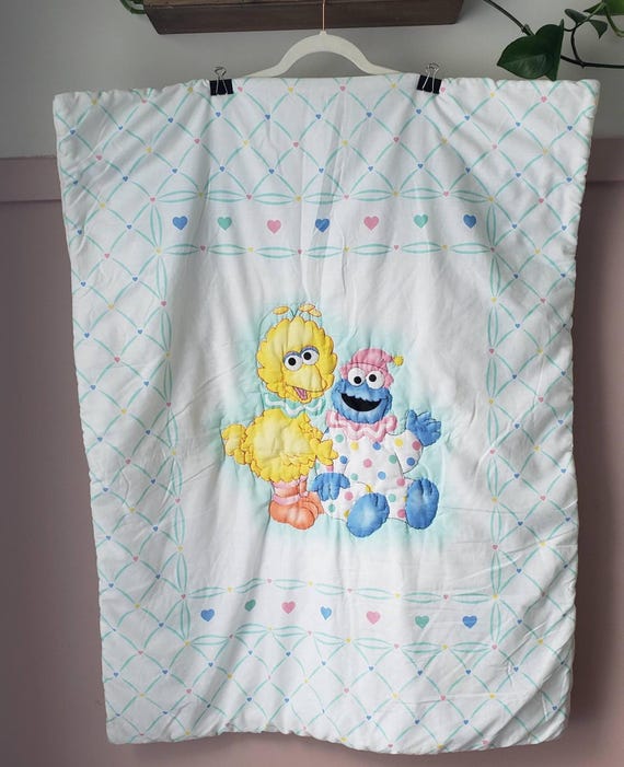 Vintage Sesame Street Baby Blanket | Big Bird & Cookie Monster | Crib Quilt Pastel