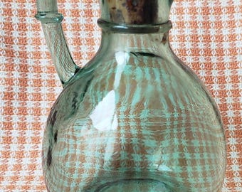 Antyczna kanadyjska butelka na ocet z szkła Aqua – karafka z uchwytem – wystrój kuchni w stylu rustykalnym