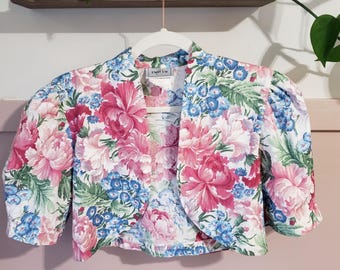 Vintage 80s Emblem Floral Bolero Jacket | Puffed Sleeve Cropped Cotton Blazer | Made in Canada | Size 9/Small