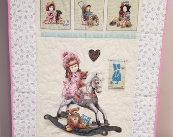 Vintage Baby Quilt – Girl on Rocking Horse & Teddy Bears – Pastel Pink and Cream Nursery Wall Hanging or Crib Blanket – 1990s Nostalgia