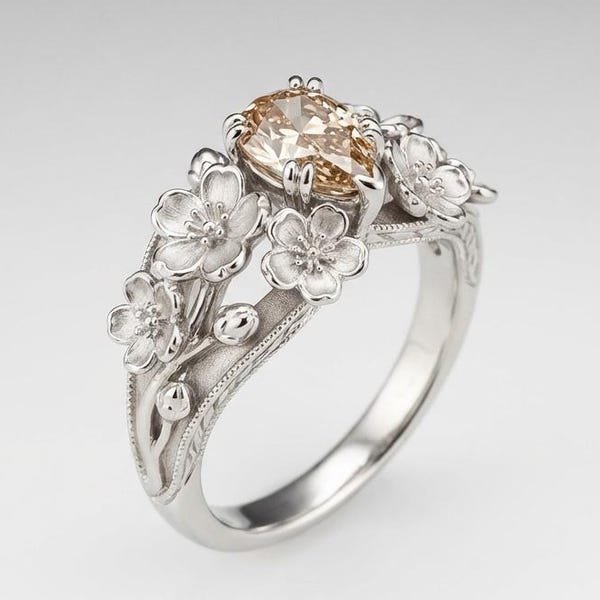 Cherry Blossom Champagne Diamond Ring • 925 Sterling Silver Floral Engagement Ring • Nature Inspired Bouquet Ring