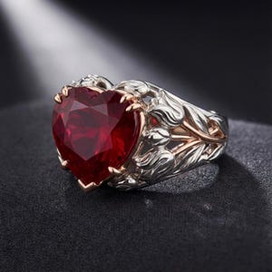 Könnte beinhalten: Ein silberner Ring mit einem großen, herzförmigen, facettierten roten Edelstein. Der Ring hat ein florales Design mit goldenen Akzenten. Der Edelstein ist der Mittelpunkt, eingebettet in eine detaillierte, verzierte Fassung. Der Ring wird auf einer dunklen Oberfläche präsentiert.