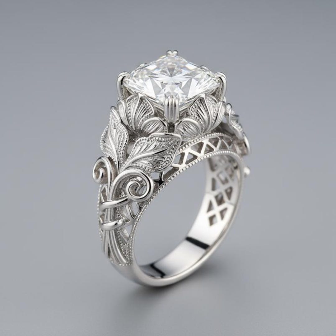 Floral Sterling Silver CZ Cocktail Ring, Filigree Leaf Design - Etsy