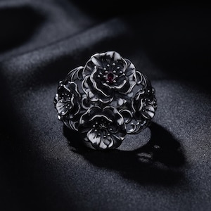 Sculptural Poppy Flower Ring, Dark Botanical Statement, Ruby Cubic Zirconia, Gothic Garden Jewelry