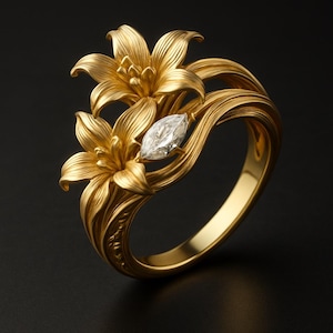 Puede incluir: Un anillo dorado con un diseño floral, con dos flores de lirio y un diamante talla marquesa. El anillo tiene detalles intrincados y un acabado pulido, sobre un fondo oscuro. La banda del anillo es lisa y redondeada.