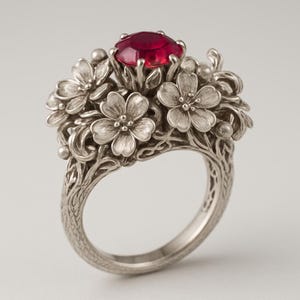 Könnte beinhalten: Ein silberner Ring mit einem großen, runden, roten Edelstein, der von einem floralen Design umgeben ist. Der Ring hat ein filigranes Band und eine Fassung mit floralen und Rankenmustern, die eine von der Natur inspirierte Ästhetik erzeugen. Das Design erinnert an einen Blumenstrauß.
