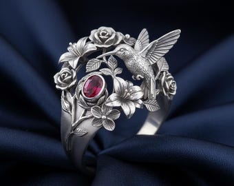 Sterling Silver Hummingbird Ring, Floral Red Stone Statement Ring, Nature Inspired Bird Jewelry for Women