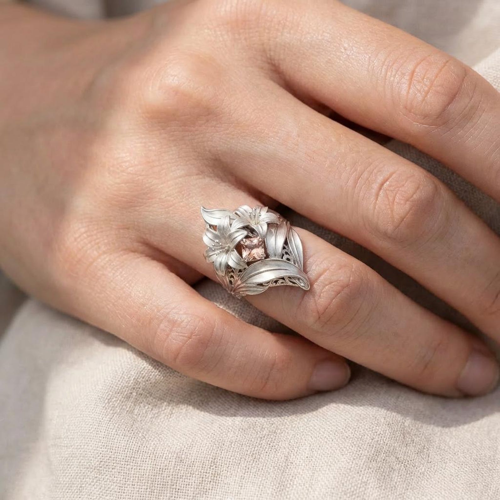 Sterling Silver Lily Ring With Peach Crystal | Floral Statement ...