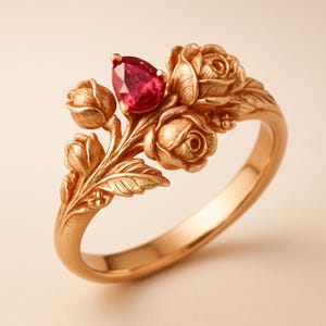 Könnte beinhalten: Ein goldfarbener Ring mit einem floralen Design aus Rosen und Blättern. Ein birnenförmiger, roter Edelstein ist in der Mitte gefasst. Der Ring hat ein glattes, poliertes Band mit aufwendig detaillierten floralen Elementen.