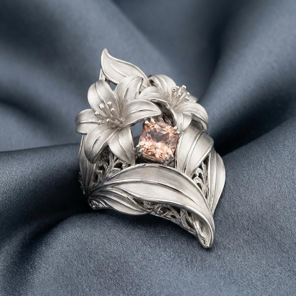 Sterling Silver Lily Ring With Peach Crystal | Floral Statement ...
