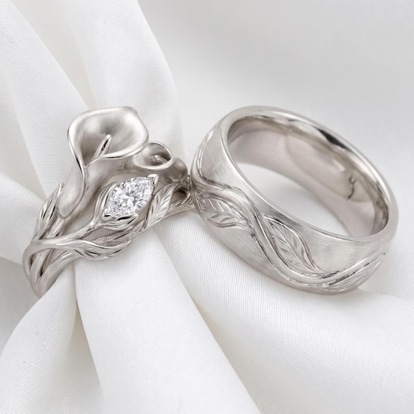 Calla-Lilie-Marquise-Diamantring, florales Verlobungsring-Set aus Sterlingsilber