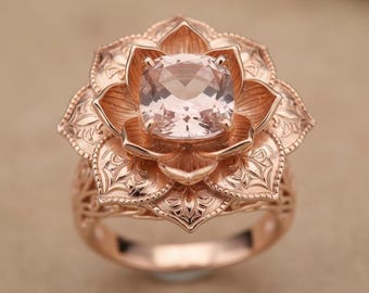 Lotus Blume Rose Gold Ring, Blush Kissen Edelstein, Sterling Silber Filigrane Erklärung, Morganit Farbe Verlobungsring