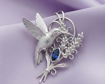 Broche de colibrí de plata de ley con piedra azul, broche floral con forma de pájaro, regalo para amantes de la naturaleza.
