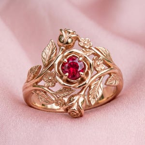 Rose Gold Plated Ruby Flower Ring, Bouquet of Roses & Wildflowers Jewelry, Organic Floral Ring for Mom, Unique Mother's Day Gift