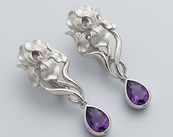 Art Nouveau Iris Earrings | Sterling Silver, Amethyst Floral Dangles