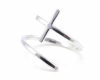 Minimalist Silver Cross Ring, Adjustable Faith Ring