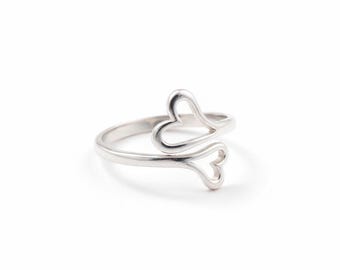 Sterling Silver Double Heart Adjustable Ring, Minimalist Open Band Boho Jewelry
