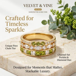 May include: A gold stackable ring set featuring a top band with three green peridot stones, a middle band with marquise and round clear stones, and a bottom band with alternating square-cut green peridot and clear stones in a channel setting.