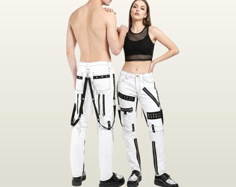 Pantaloni Punk Rock Monocromatici, Jogger Cargo Bianchi con Cerniere Multiple, Pantaloni Rave Visual Kei con Cinturino, Abbigliamento Street Unisex Goth Alternativo Mall
