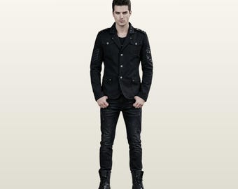 Schwarze Gothic Blazer Jacke, Herren Punk Militär Uniform Shirt, Steampunk Offizier Mantel, Cyberpunk Alternativ Blazer, Visual Kei Vampir Top