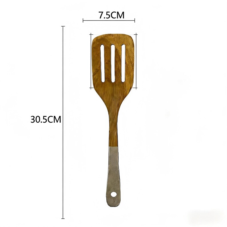 May include: A wooden spatula with a slotted head, measuring 7.5 cm wide and 30.5 cm long. The handle has a silver metal base with a hole for hanging. The spatula is made of light brown wood.