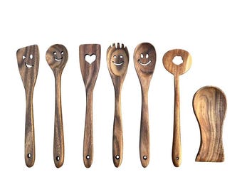 Cute Wooden Kitchen Utensil Set with Smile & Heart Designs - Natural Solid Wood Cooking Tools Spatulas Spoons with Hanging Holes Rustic