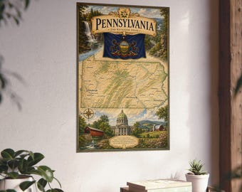 May include: A vertical wall poster featuring a map of Pennsylvania with the text Pennsylvania The Keystone State. The design includes a waterfall, the state flag, the state capitol building, a covered bridge, and a compass rose illustration.