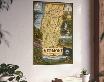 May include: A vertical wall poster featuring a detailed map of Vermont, labelled The Green Mountain State. The illustration includes Lake Champlain, a covered bridge, a church, a waterfall, a barn, and the state flag with the text Freedom and Unity.