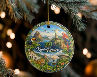 May include: A round ceramic ornament featuring a colourful illustration of Rio de Janeiro, Brazil. The design includes the Christ the Redeemer statue, Sugarloaf Mountain, a toucan, a macaw, and a jaguar, with the text Brazil Rio de Janeiro.