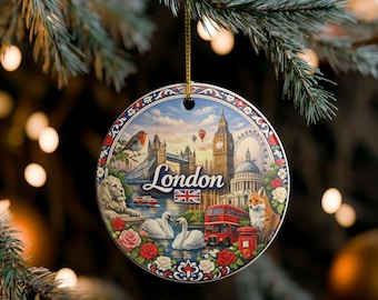 May include: A round ceramic ornament featuring a detailed illustration of London landmarks including Big Ben, Tower Bridge, and a red double-decker bus. The design includes a fox, swans, a robin, and roses, with the word London and a Union Jack flag.