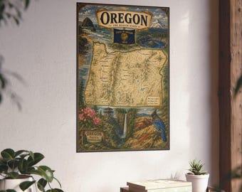 May include: A rectangular wall poster featuring a vintage-style illustrated map of Oregon. The map displays the state name, the text The Beaver State, and Oregon Pacific Wonderland. It includes depictions of a waterfall, a blue bird, and mountains.