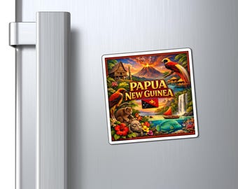Papua New Guinea Magnet | Bird of Paradise, waterfall, volcano