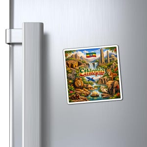 Imán de Etiopía / Recuerdo con diseño de león, elefante, cebra y bandera