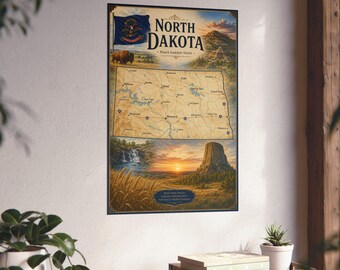 May include: A vertical wall poster featuring a map of North Dakota with the text North Dakota Peace Garden State. The design includes a blue state flag, a bison, a waterfall, a sunset over a rock formation, and wheat fields in warm tones.